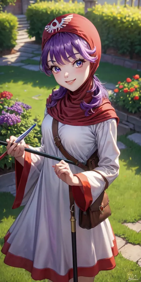 masterpiece, best quality, 4k, 8k, dqPom, red hood, purple hair, robe, cowboy shot, standing, holding staff, sky, garden, looking at viewer, from above, smile