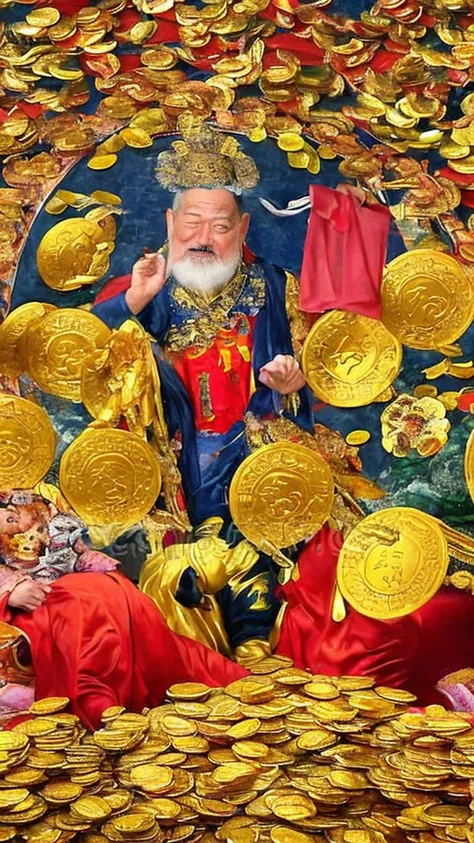 zhao gongming, the god of wealth，80-year-old kind old man，（chinese elderly），realistic，surrounded by money，falling into the cornu...