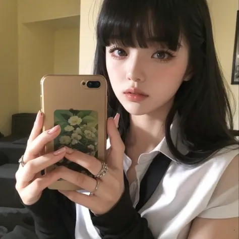 korean ulzzang girl with long black hair with bangs. he wears a white crop top and black tie. beautiful ulzzang girl with gothic...