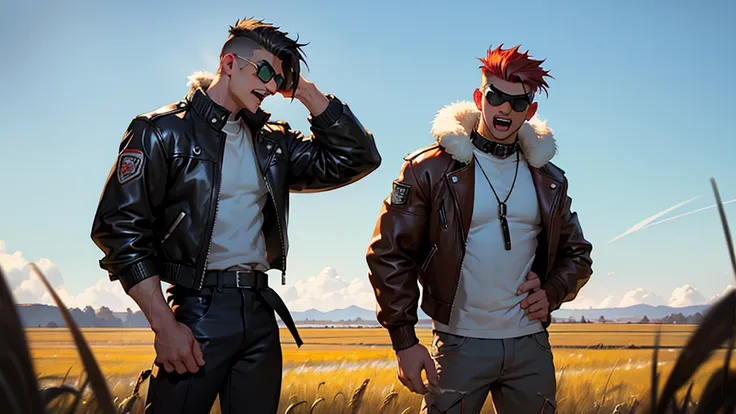 4k ultra high quality, human man, square jaw, red goggles over his eyes, white high top hair cut hair shaved on the sides, brown bomber leather jacket with white fur collar, black shirt and pants, distraught look on his face shouting, standing in field of ...