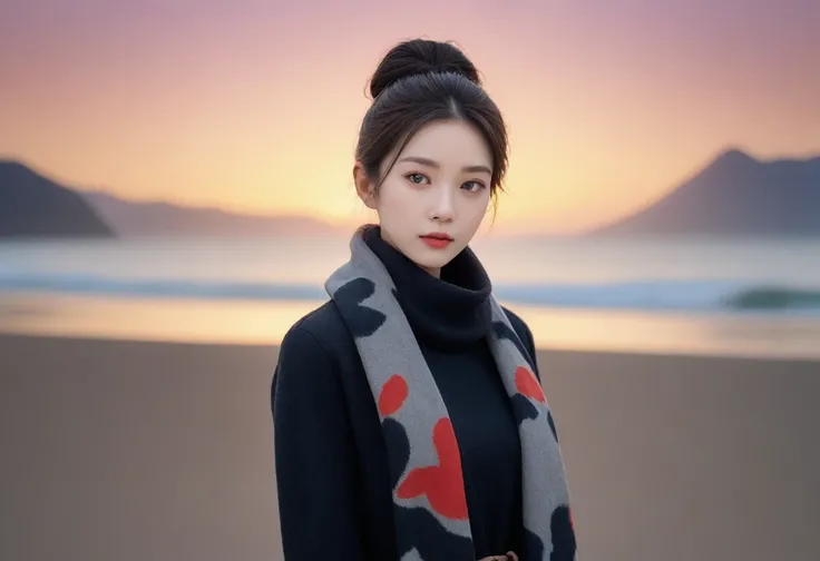 8K, 超high resolution, best quality, masterpiece, surreal, painting,A three-part method, 성숙한 1 woman, (36 years old:1.3), Pretty Woman, Cute face, Beautiful Eyes in Every Detail,korean women ,(Wearing a long winter coat and scarf、Close-up of thin black doub...