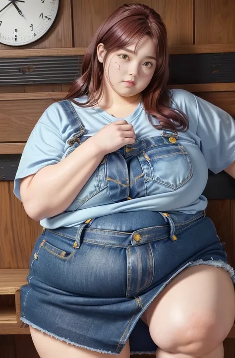 Makima from the anime "Chainsaw Man", bbwchan, whole body, beautiful and ultra detailed. ssbbw, morbid obesity, Dark red hair, yellow eyes, oily face, ultra detailed and soft face. shirt, denim skirt, dynamic pose, Sun,