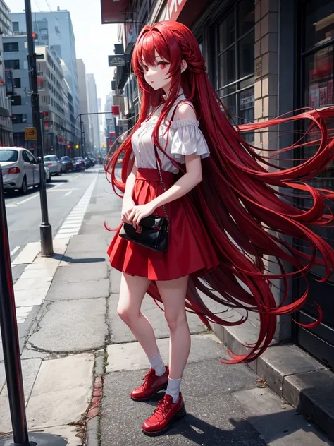 Red long hair red eyes black headphones wearing red dress white shoes