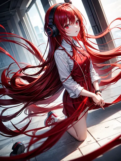 Red long hair red eyes black headphones wearing red dress white shoes