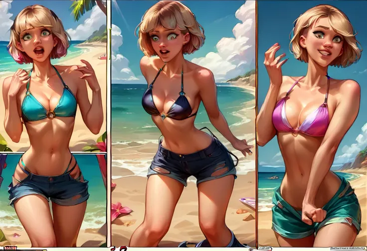 score_9, score_8_up, score_8_up, source_cartoon, (comic, sequence, 8-panel:1.5), detailed soft lighting,1girl, (short hair Gwen Stacy:1.0), cleavage, bikini top, shorts, beach, outdoors, model poses, smiling, beautiful eyes, open eyes, (masterpiece, best q...