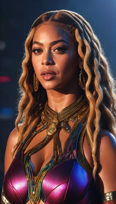 Beyonce, flirtatious woman, revealing clothing, beautiful detailed face, braided hair, superhero costume, dramatic lighting, vibrant colors, high-quality digital art, cinematic composition, photorealistic, masterpiece, 8k, ultra-detailed