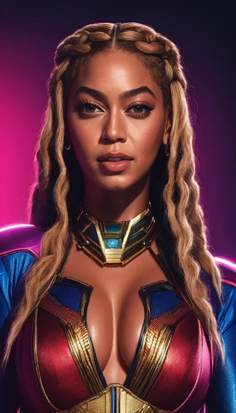 Beyonce, flirtatious woman, revealing clothing, beautiful detailed face, braided hair, superhero costume, dramatic lighting, vibrant colors, high-quality digital art, cinematic composition, photorealistic, masterpiece, 8k, ultra-detailed