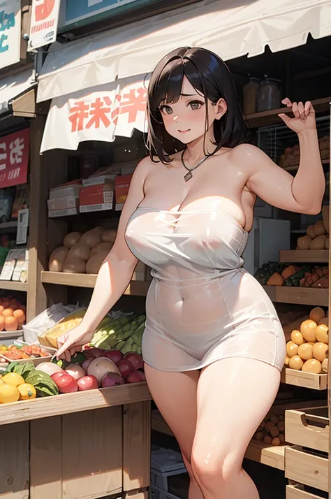 slightly chubby, Married woman atmosphere, naked, strapless see-through white mini tank top, open neckline, hanging breasts, see through giant areolas, sagging breasts apart, bottomless, bare legs, showing pussy, shopping at outside market