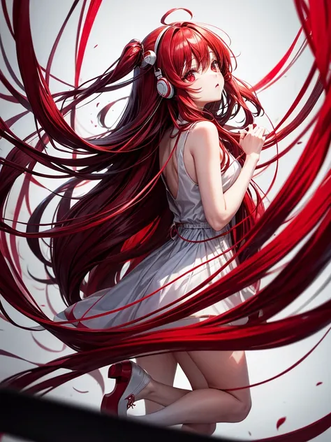 Red long hair red eyes black headphones wearing red dress white shoes