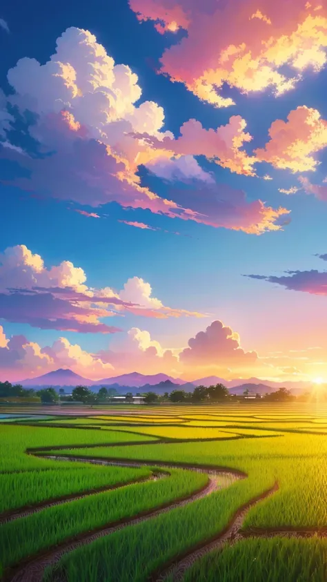 Anime style scene of rice fields and beautiful sky, Country Sky. by Makoto Shinkai, anime art wallpaper 4k, anime art wallpaper 4k, Anime Art Wallpapers 8K, anime wallpaper 4k, anime wallpaper 4k, 4k anime wallpaper, Anime Sky, Awesome Wallpapers, Anime Ba...