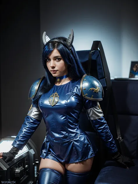 Princess Luna from My little pony in a Space Marine costume from Warhammer.