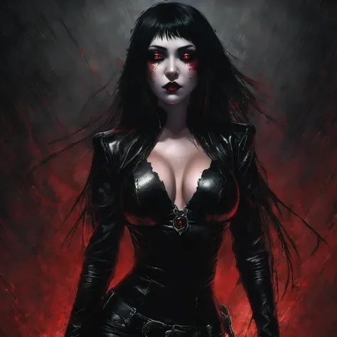 a beautiful busty Asian vampire goth woman in a torn ripped leather bodysuit revealing one breast, ultra detailed, dramatic lighting, moody dark atmosphere, cinematic quality, dark fantasy, glowing red eyes and hair