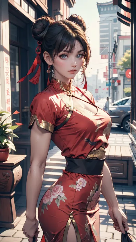 chun-li from street fighter 2、wearing a blue chinese dress、toned body、bun hair