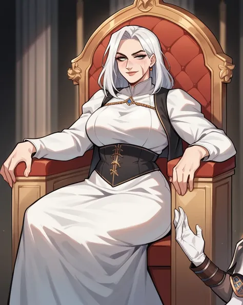 {{upper body}} {{Artist: ratatatat74}} {{NSFW}} 2 girls [High Priority], mature womans, throne, sitting, suit, elfs, white hair, femdom, scar on face, seductive smile, white dress futanaris, big penis [High priority], medieval fantasy.