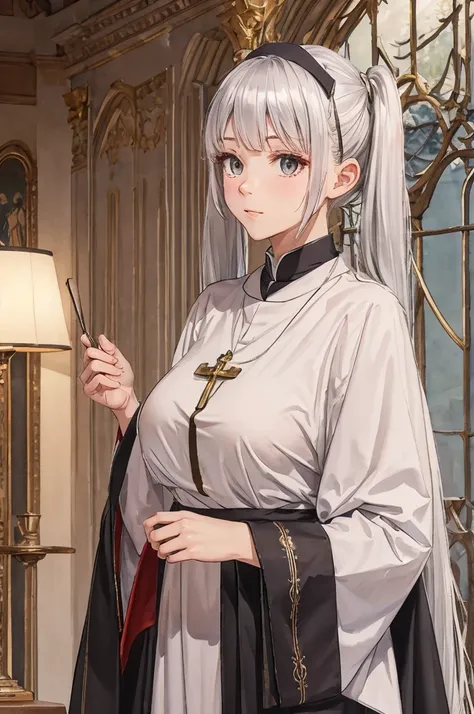 chest, big, twin tail, silver hair, priest, side, saint, disgusting