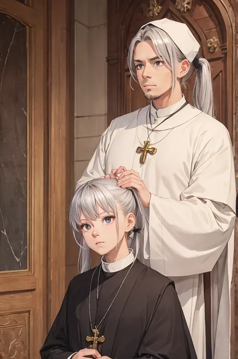 chest, big, twin tail, silver hair, priest, side, saint, disgusting