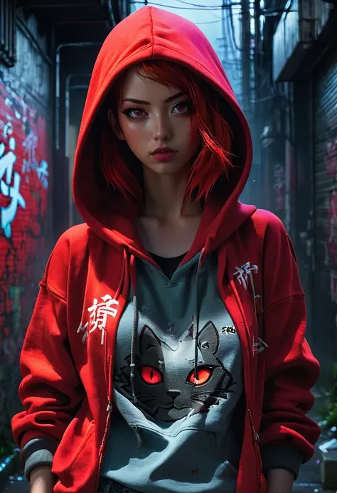 1girl, red hair, red pupils, red hoodie, dark background, decay, wearing the hood, jean shorts, dark alley background, japanese graffiti background, red led background, detailed face, high quality, 8k, photorealistic, dramatic lighting, cinematic, neon lig...