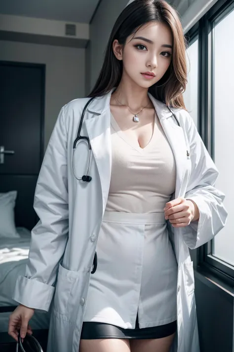 Realistic beautiful doctor、Stunning beauty、Doctors white coat, Collared shirt、(Top quality、8K、32k、masterpiece、nffsw:1.3)、Ultra-high resolution,(Reality:1.4),Original Photography, Delicate face,,Beautiful hair, ((Doctor style)), , Black tight skirt、 Natural...