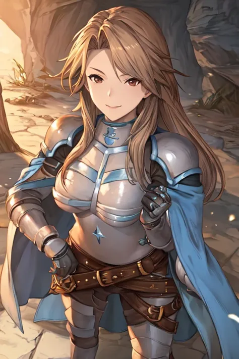 katalina (granblue fantasy), solo, 1girl, armor, gauntlets, belt, breastplate, gloves, shoulder armor, cape, pauldrons, pants, c...