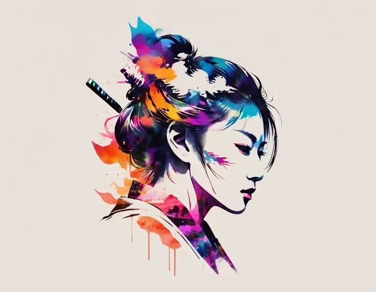 creative illustraton of the word "samurai" double exposure style. the "samurai" is made of kanagawa waves, fuji mountain, swords...