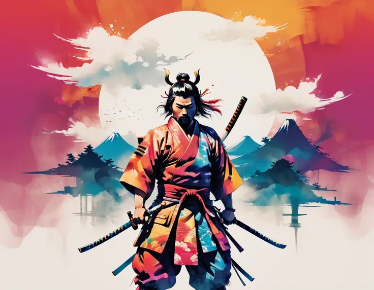 creative illustraton of the word "samurai" double exposure style. the "samurai" is made of kanagawa waves, fuji mountain, swords...