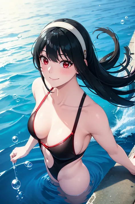 ((best quality)), (ultra-detailed), ((extremely detailed)), (beautiful), ((kawaii girl)), (black:1.3) hair, red (colored inner hair:1.2), long hair, straight hair, swept bangs, asymmetrical bangs, hair intakes, ahoge, kind smile, red eyes, medium large bre...