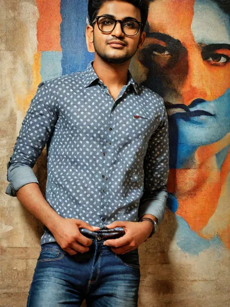 arafed man in glasses standing in front of a wall with a painting, mohamed chahin style, wearing in shirt, wearing a dark shirt ...