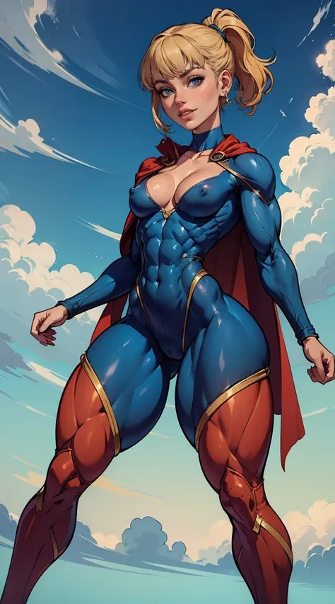 (Muscular:1.9), (thick thighs:1.9),
blonde female, (supergirl), (big smile:1.5), (blunt bangs), (ponytail:0.7),
earrings, lipstick, eyeshadow,
hard nipples, (small breasts:2),
(full body suit, blue bodysuit, cleavage:1.6), (small cape:1.3), (choker),
looki...