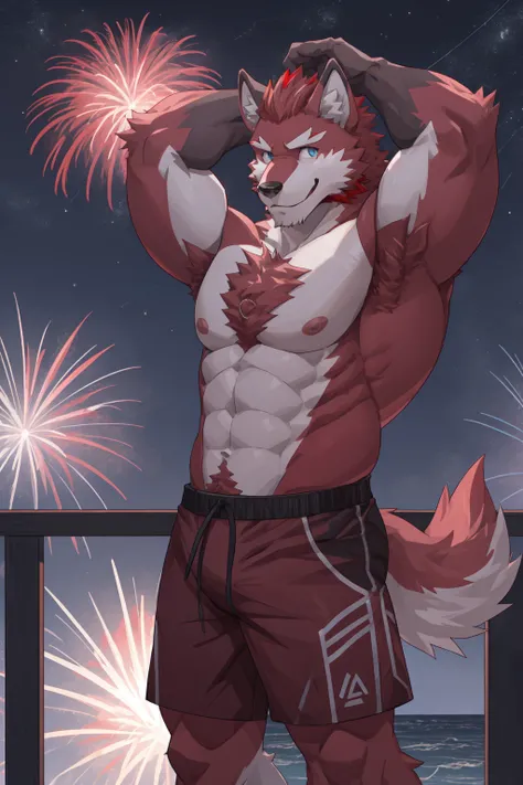 diederich, male, wolf, red fur, red mullet hairdo, red hairy chest, red hairy armpits, pink nipples, blue eyes, wearing swim shorts, outside in the night sky, looking at fireworks, standing, posing, happy, hd 8k, high resolution, no clothes