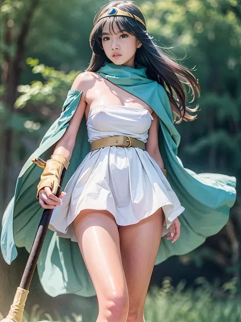 sage_(dq3), 1girl, 
(the vast grasslands), (clear sky), 
walking through the vast grasslands, 

long hair, blue hair, normal breast, cleavage, (nipples), (bare shoulders), 
(circlet), (yellow gloves), (white dress), (belt), (cape), (knee-high boots), 
(hol...