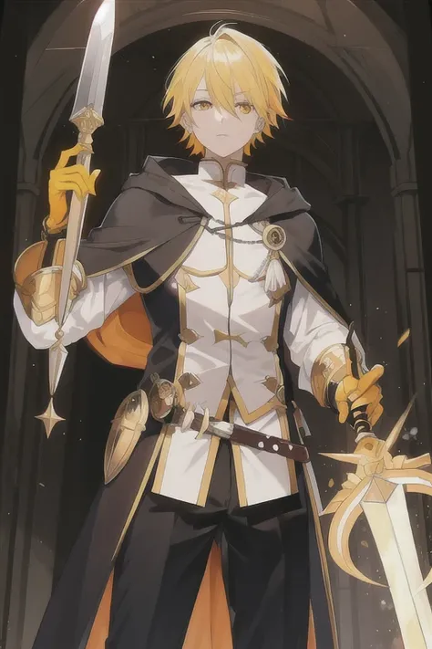 Masterpiece , detailed , best quality yellow hair , light orange eyes , Chico , Magician , short hair , hood , standing , magic weapon in hand , knight