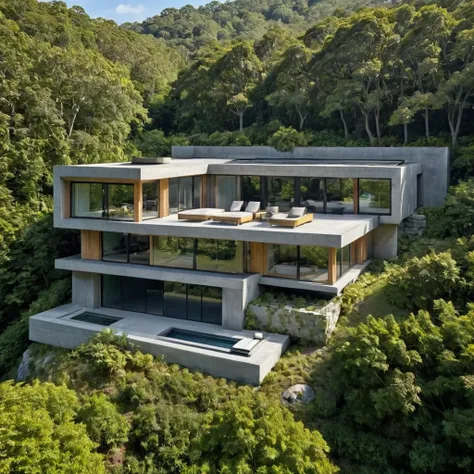 imagine exterior view at modern mansion with concrete and oak wood elements, surrounded by nature. embrace sleek, contemporary a...