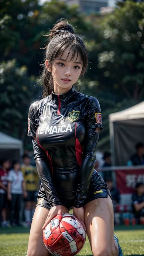 Highest quality, High resolution:1.2, Very detailed, Realistic:1.3, ((Beautiful woman))、((((Super tight uniform))))、((Super big breasts))、(The abdomen is visible)、Vibrant colors, ((play soccer)),((Blunt bangs))、Various Hair Styles、Different hair colors、Wit...