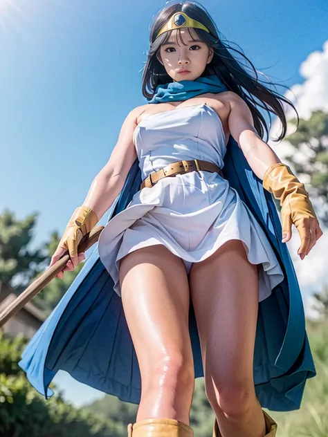 sage_(dq3), 1girl, 
(the vast grasslands), (clear sky), 
walking through the vast grasslands, (wind is blowing), 

long hair, blue hair, normal breast, cleavage, (nipples), (bare shoulders), (white panties), 
(circlet), (yellow gloves), (white dress), (bel...