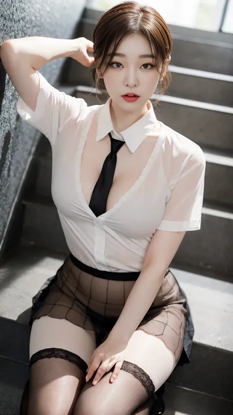 Korean 、summer  shirt、Tight shirt、Ribbon Ties、skirt by the、schools、stairs at school、chest lifting pose、Emphasis on the chest、Slender and large、8K raw photos、A high resolution、18-year-old Korean、embarrassing looking、very large round breasts、Beautiful eyes f...