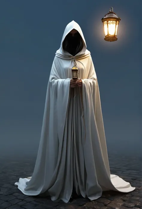 a picture of a person in a white robe holding a lantern, wearing cloak, wearing a flowing cloak,half of the body is invisible  wearing  cloak, cloaked, wearing cloak on blasted plain, technology cloak, cloak covering face, cloak flittering in the wind, clo...