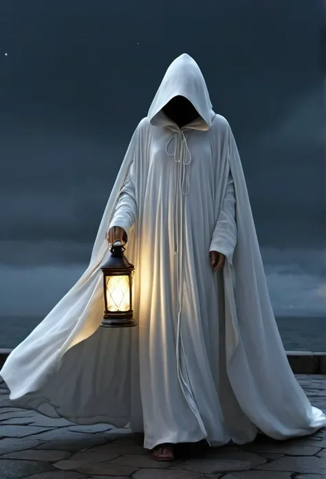 a picture of a person in a white robe holding a lantern, wearing cloak, wearing a flowing cloak,half of the body is invisible  wearing  cloak, cloaked, wearing cloak on blasted plain, technology cloak, cloak covering face, cloak flittering in the wind, clo...