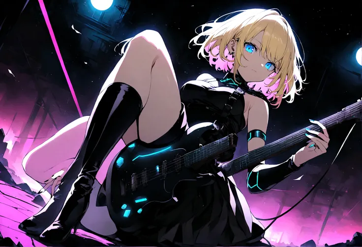 Anime girl with short blonde hair and blue eyes playing rock guitar,alone、Black Dress、 looking at the camera、whole body、cyber punk、Moonlit Night