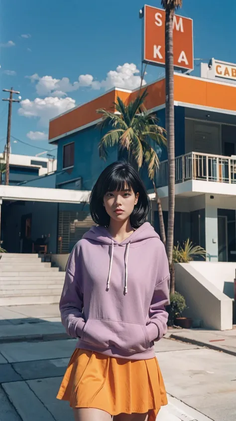 long shot portrait of cute 23 yo girl, (natural big breast) ,wear ((orange color oversized hoodie)), wear ((purple tennis skirt)...