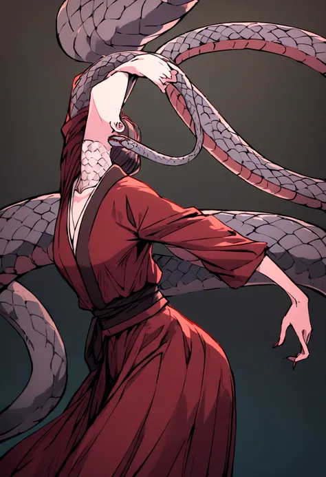 A legendary Japanese monster with a long snake-like neck, a woman wearing a red kimono whose neck eerily stretches out.