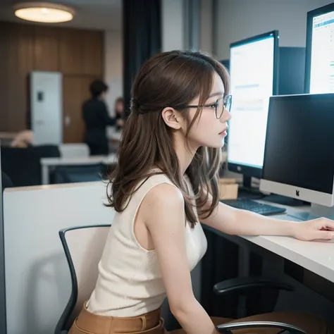 Best Picture Quality, Top Quality, Masterpiece, Best Resolution, Attention to Detail, 16K Quality, Face-Centric, Brown Hair, Medium Hair, Wavy Hair, Beautiful Legs, Slender Figure, Clear Skin, Skinny Pants, Office, Glasses, Computer, Profile