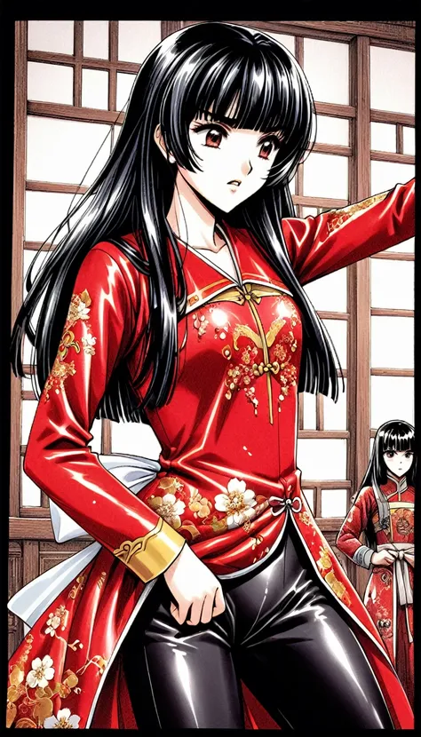 A tragic historical drama in 8k live-action style: Beautiful palace secrets　Beautiful 10 year old Chinese Kung Fu girl Hime with short black hair is forced to wear excrement pants　Gorgeous embroidery, Ultra glossy, She is wearing a shiny red top and bottom...