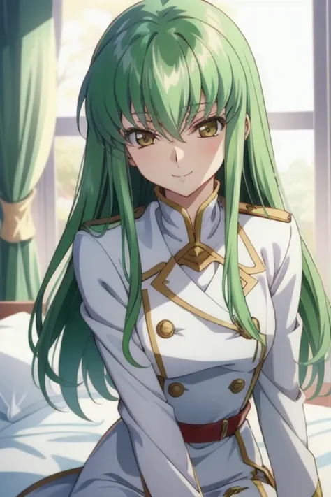 cc_codegeass, hair between eyes, green hair, very long hair, white suit, white gloves, bedroom, window, best quality, masterpiece, smile, anime, 