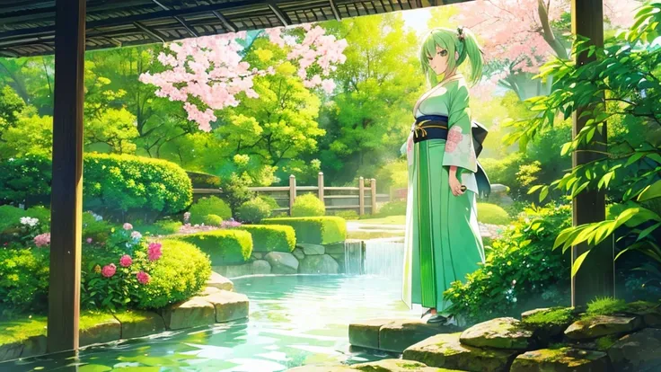 woman　clear　Light green hair　　kimono　　Anime Style　garden
