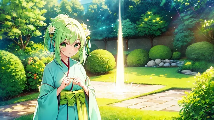 woman　clear　Light green hair　　kimono　　Anime Style　garden
