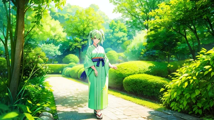 woman　clear　Light green hair　　kimono　　Anime Style　garden
