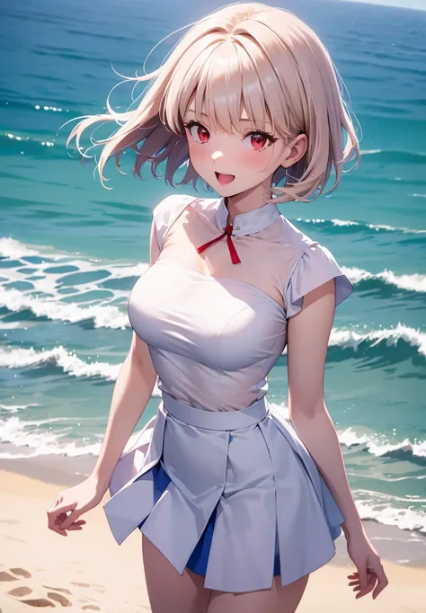 masterpiece,best quality,Arcueid,red eyes,short hair,1 girl,solo,skirt,breasts,looking at viewer,open mouth,white blouse,blue skirt,blouse,outdoor blouse,short blouse,big breasts,pleated skirt ,miniskirt,:d,day,beach,sand,sun,blush,