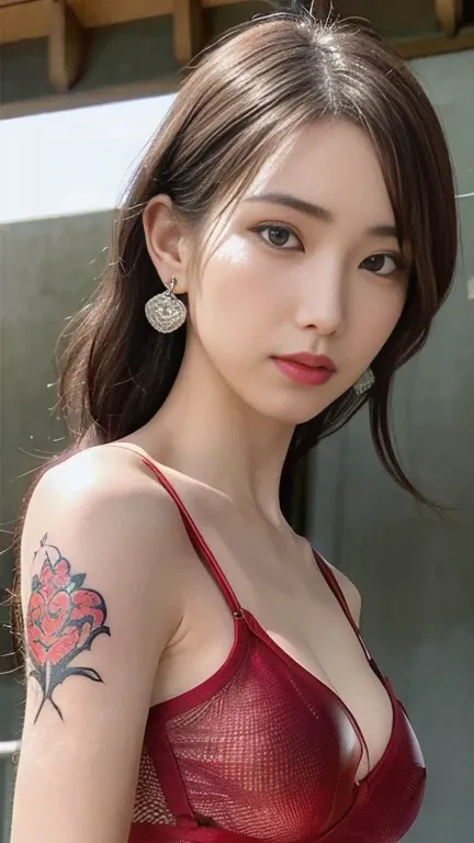 Anime-style woman, thin, thin, whole body, Full of tattoos, Lots of earrings, Beautiful and shiny hair, Rainbow Eyes, Slanted Eyes, Wavy Hair, Kind and charming, shoulderを露出させる, Delicate and sexy collarbone, Attractive oval face, double eyelid, Pink Lips, ...