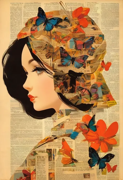 Side view girl, Solitary, Wearing a magazine cover dress, Delicate facial features and long eyelashes, A butterfly landed on her head, There were newspaper clippings all around.. Girl&#39;s face with realistic details, Bright colors，Clear focus. The overal...