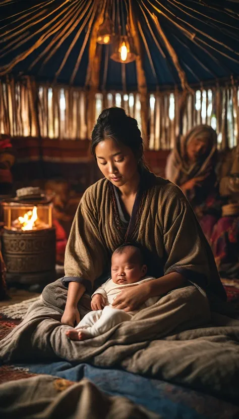 A humble yurt in the Asian steppes, with a newborn Temüjin in his mothers arms, background dark gold, hyper realistic, ultra detailed hyper realistic, photorealistic, Studio Lighting, reflections, dynamic pose, Cinematic, Color Grading, Photography, Shot o...